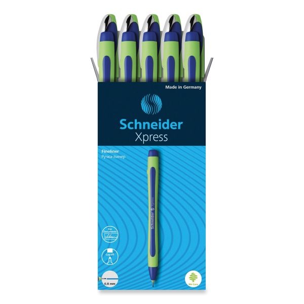 Xpress Fineliner Porous Point Pen, Stick, Medium 0.8 Mm, Blue Ink, Blue/Green Barrel, 10/Box