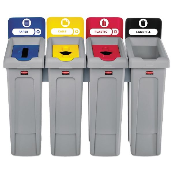 Rubbermaid Commercial Slim Jim Recycling Station Kit, 92 Gal, 4-Stream Landfill/Paper/Plastic/Cans