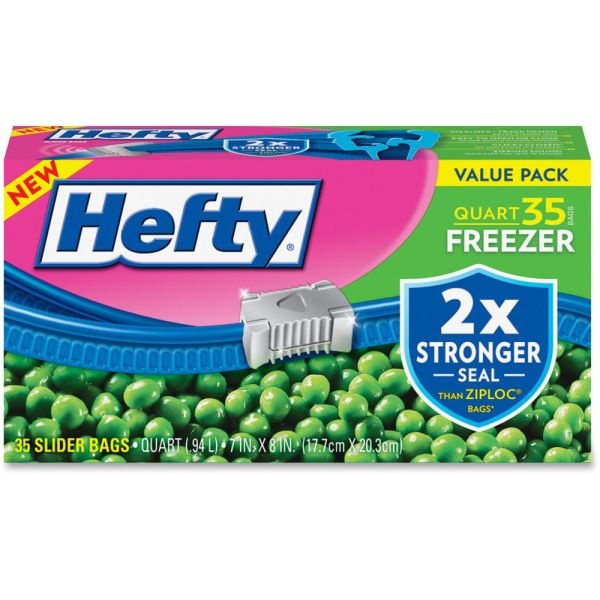 Hefty Quart Freezer Slider Bags - 1 Quart - 7" Width X 8" Length X 2.50 Mil (63 Micron) Thickness - Clear - Plastic - 315/Carton - 35 Per Box - Food