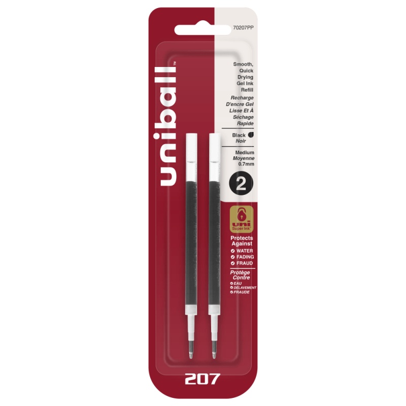 Uniball 207 Retractable Gel Pen Refills, Medium Point, 0.7 Mm, Black Ink, Pack Of 2 Refills