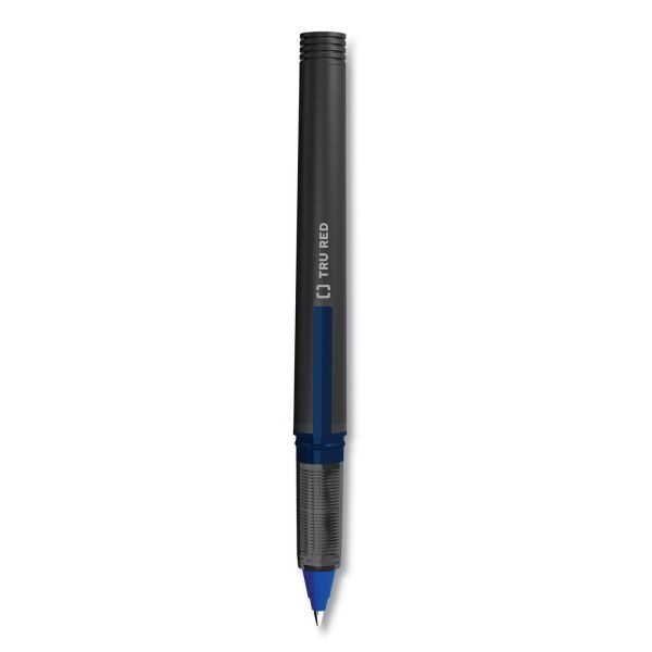 Tru Red Roller Ball Pen, Stick, Fine 0.5 Mm, Blue Ink, Black Barrel, Dozen