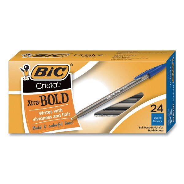 Bic Cristal Xtra Bold Ballpoint Pen, Stick, Bold 1.6 Mm, Blue Ink, Clear Barrel, 24/Pack