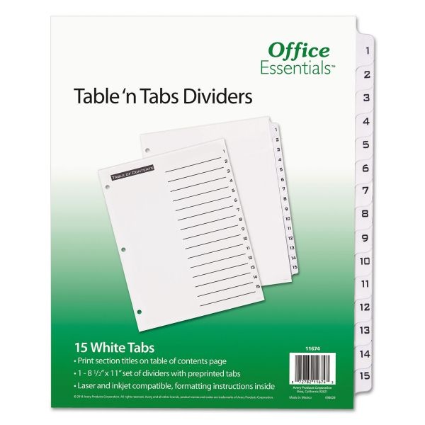 Office Essentials Table 'N Tabs Dividers, 15-Tab, 1 To 15, 11 X 8.5, White, 1 Set