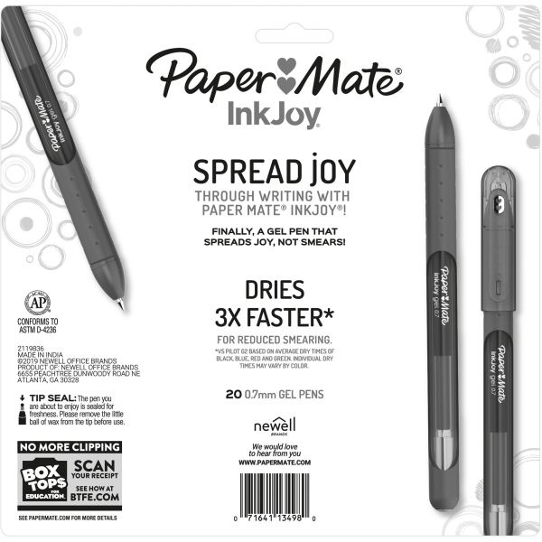 Paper Mate Inkjoy Gel Pen, Stick, Medium 0.7 Mm, Assorted Ink And Barrel Colors, 20/Pack