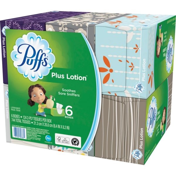 Puffs Plus Lotion Facial Tissue, 2-Ply, White, 124 Sheets/Box, 6 Boxes ...