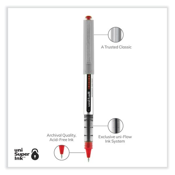 Uniball Vision Roller Ball Pen, Stick, Fine 0.7 Mm, Red Ink, Silver/Red/Clear Barrel, Dozen