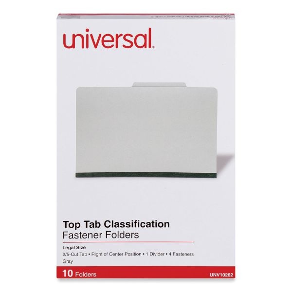 Universal Four-Section Pressboard Classification Folders, 2" Expansion, 1 Divider, 4 Fasteners, Legal Size, Gray Exterior, 10/Box