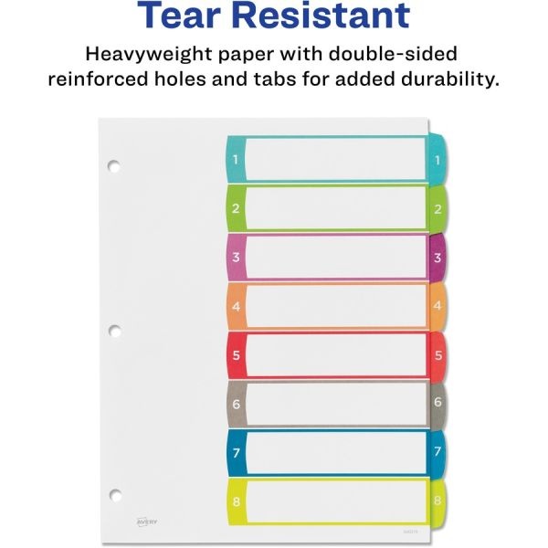 Avery Customizable Toc Ready Index Multicolor Tab Dividers, 8-Tab, 1 To 8, 11 X 8.5, White, Contemporary Color Tabs, 1 Set