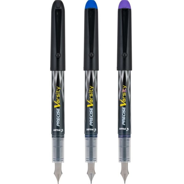 Pilot Precise Varsity Fountain Pens, Medium Nib, Black Barrel, Assorted Inks, Pack Of 3 Pens
