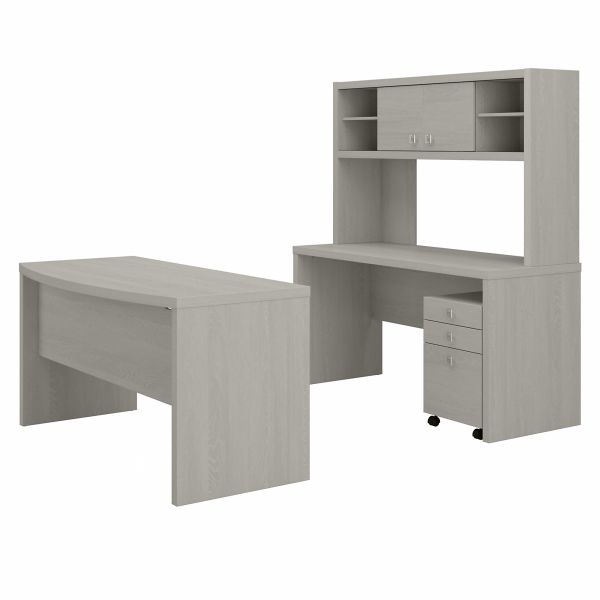 Office By Kathy Ireland Echo Bow Front Desk, Credenza With Hutch And Mobile File Cabinet In Gray Sand