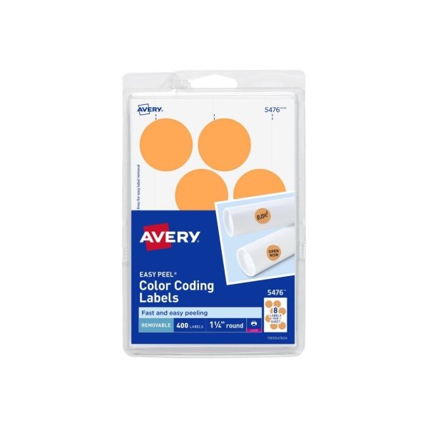 Avery Removable Color-Coding Labels, Removable Adhesive, 5476, Round, 1-1/4" Diameter, Neon Orange, Pack Of 400 Labels