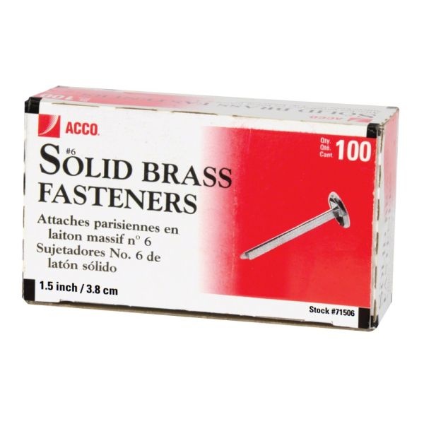 Acco Round-Head Solid Brass Fasteners, No. 6R, 1 1/2", Box Of 100