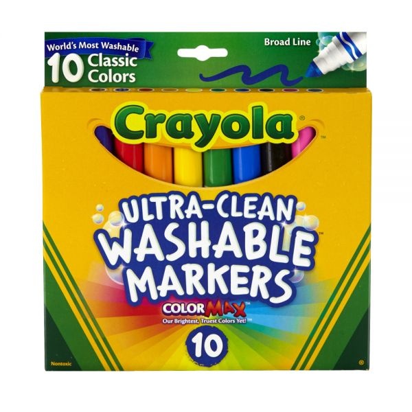 Crayola Ultra-Clean Washable Markers, Broad Tip, Assorted Classic Colors, Box Of 10