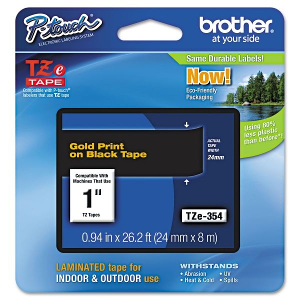 Brother P-Touch Tze Standard Adhesive Laminated Labeling Tape, 0.94" X 26.2 Ft, Gold On Black