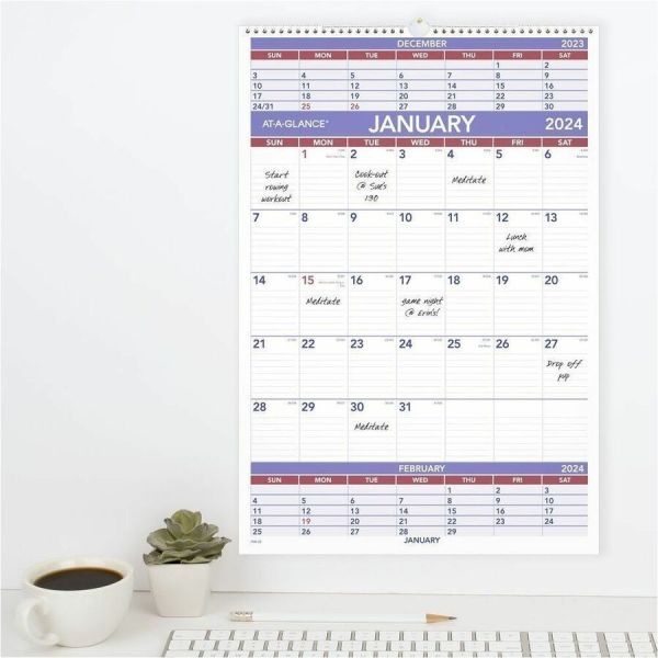 At-A-Glance Three-Month Wall Calendar, 15.5 X 22.75, White Sheets, 12-Month (Jan To Dec): 2024