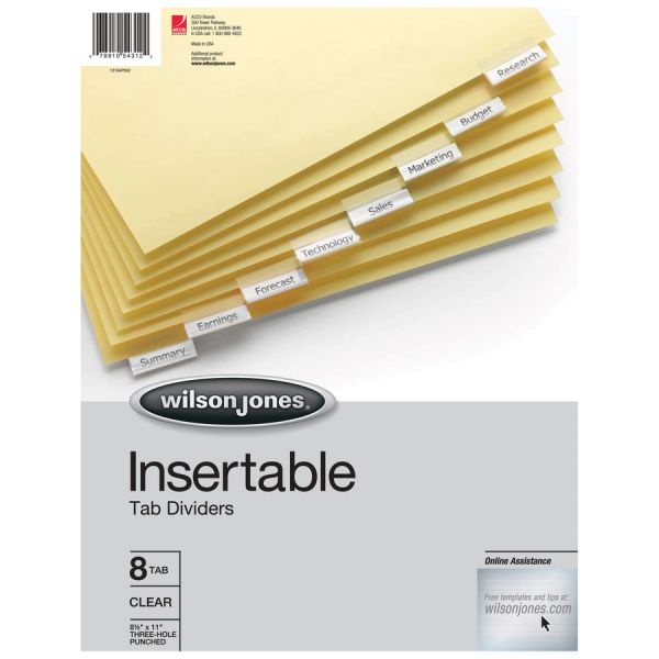 Wilson Jones Single-Sided Reinforced Insertable Index, 8-Tab, Clear Tab, Letter, 1 Set
