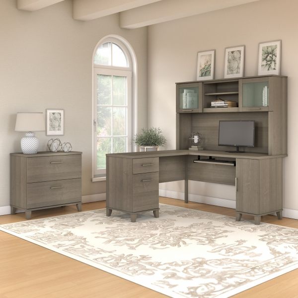 Bush Furniture Somerset 60W L Shaped Desk With Hutch And Lateral File Cabinet In Ash Gray