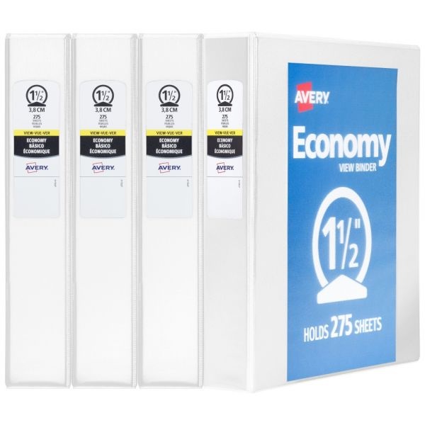 Avery Economy View 3 Ring Binders, 1-1/2" Round Rings, White, Pack Of 4