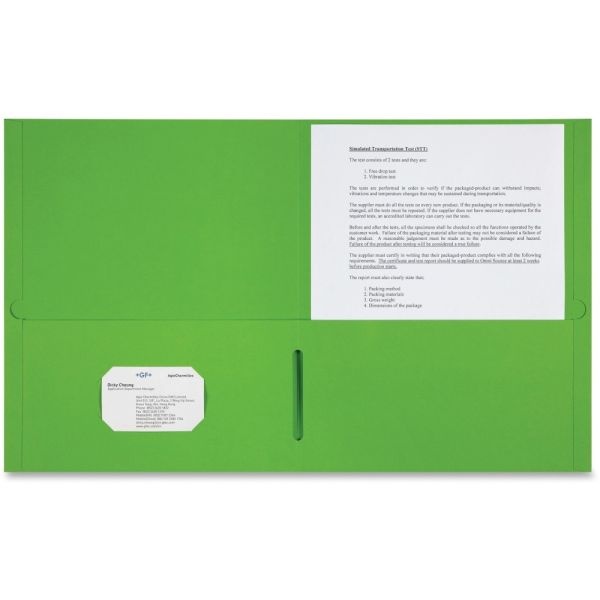 Sparco Letter Pocket Folder - 8 1/2" X 11" - 2 Internal Pocket(S) - Apple Green - 25 / Box
