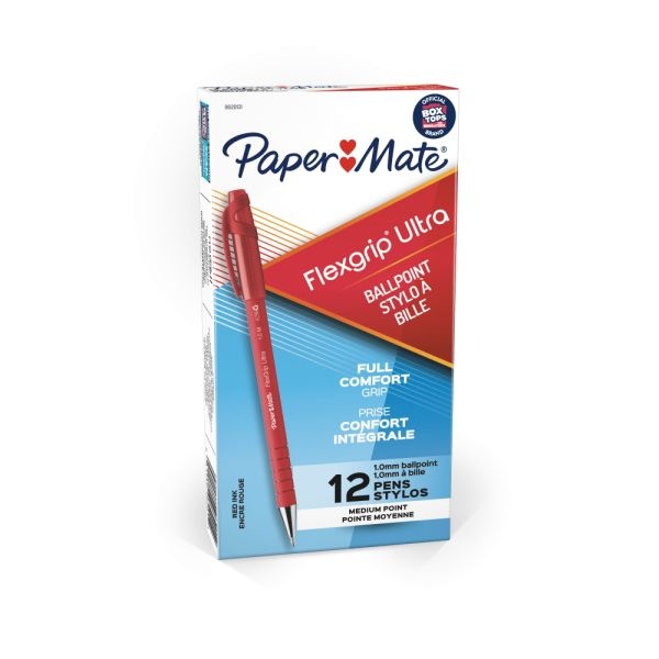 Paper Mate Flexgrip Ultra Ballpoint Stick Pens, Medium Point, 1.0 Mm, 42% Recycled, Red Barrel, Red Ink, Pack Of 12
