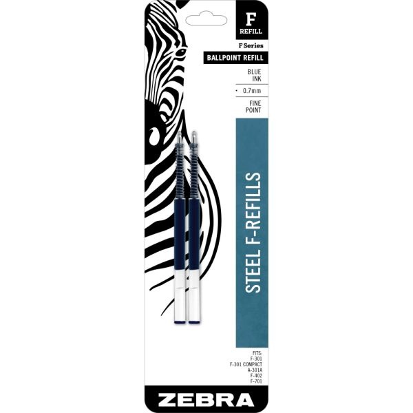 Zebra Pen F-Series Pen Refills, Pack Of 2, Fine Point, Blue Ink