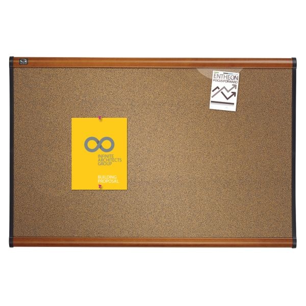 Quartet Select Prestige Color Cork Bulletin Board, 48" X 36", Aluminum Frame With Light Cherry Finish