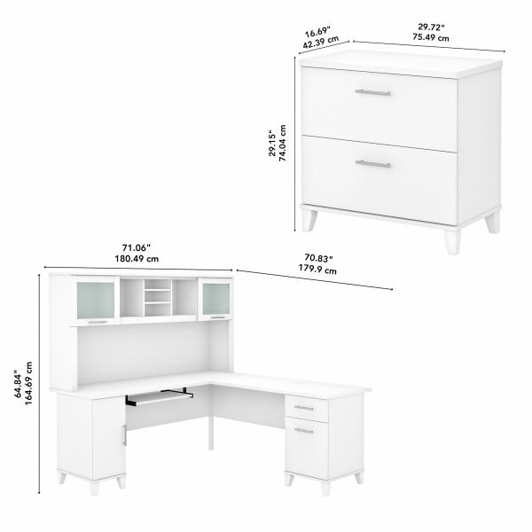 Bush Furniture Somerset 72W L Shaped Desk With Hutch And Lateral File Cabinet In White