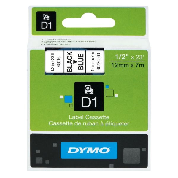 Dymo D1 45016 Black-On-Blue Tape, 0.5" X 23'