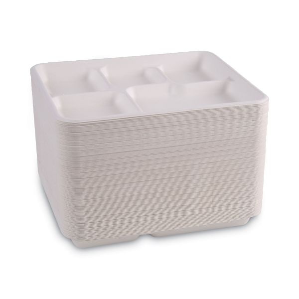 Boardwalk Bagasse Dinnerware, 5-Compartment Tray, 10 X 8, White, 500/Carton