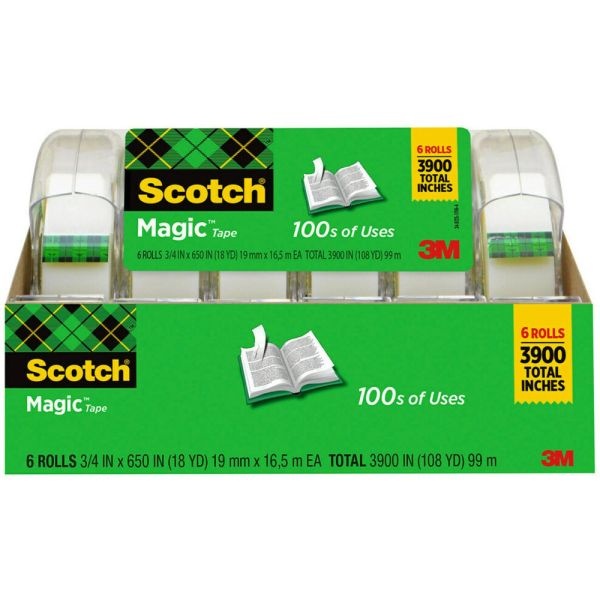 Scotch Magic Tape With Dispenser, Invisible, 3/4 In X 650 In, 6 Tape Rolls, Clear, Home Office And School Supplies
