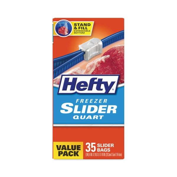 Hefty Slider Bags, 1 Qt, 2.5 Mil, 7" X 8", Clear, 35 Bags/Box, 9 Boxes/Carton