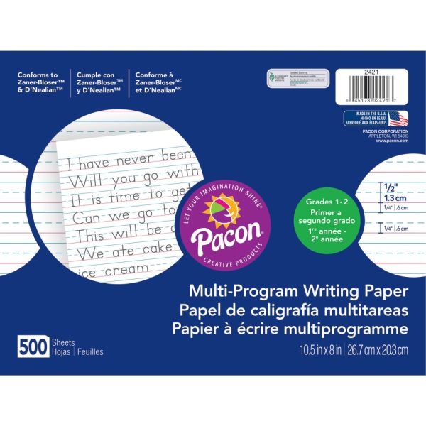 Pacon Multi-Program Handwriting Papers, Grade 1-2, 10 1/2" X 8", Pack Of 500 Sheets