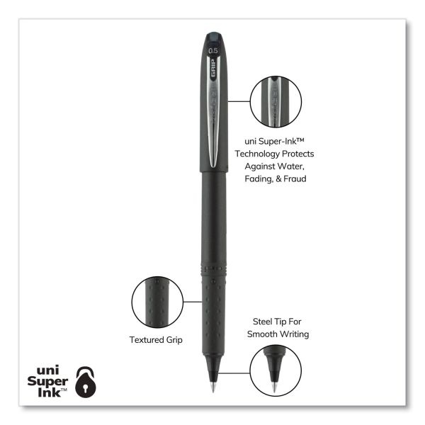 Uniball Grip Roller Ball Pen, Stick, Extra-Fine 0.5 Mm, Black Ink, Black Barrel, Dozen