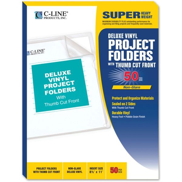 C-Line Non-Glare Vinyl Project Folders, Letter Size, Clear, Box Of 50