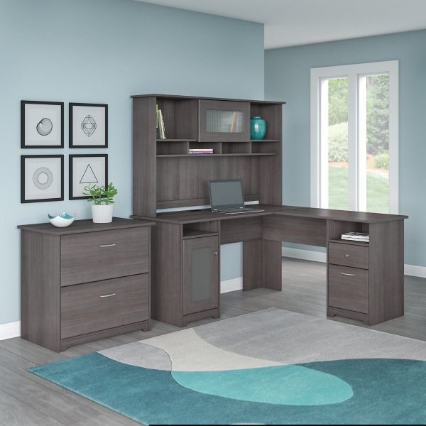 Bush Furniture Cabot 60W L Shaped Computer Desk With Hutch And Lateral File Cabinet In Heather Gray
