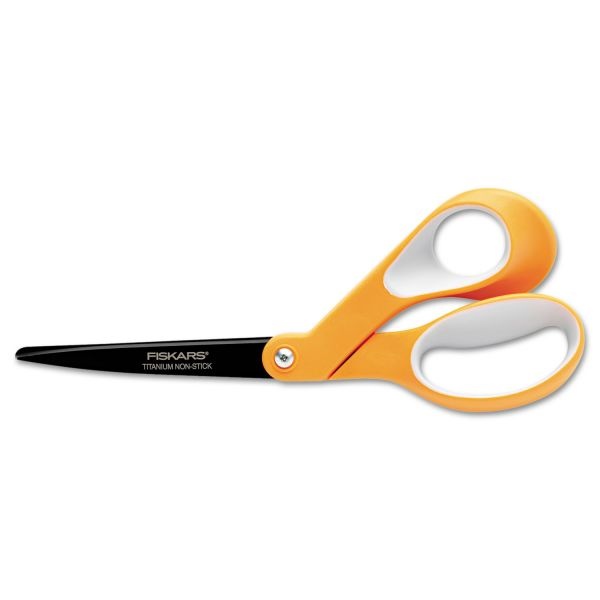 Fiskars Premier Non-Stick Titanium Softgrip Scissors, 8" Long, 3.1" Cut Length, Orange/Gray Offset Handle