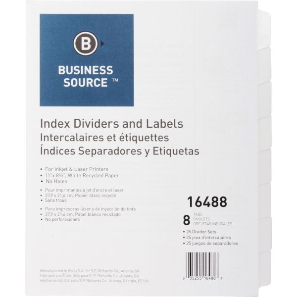 Business Source Unpunched Index Dividers Set - 8 Blank Tab(S) - 8.5" Divider Width X 11" Divider Length - Letter - White Tab(S) - 25 / Box