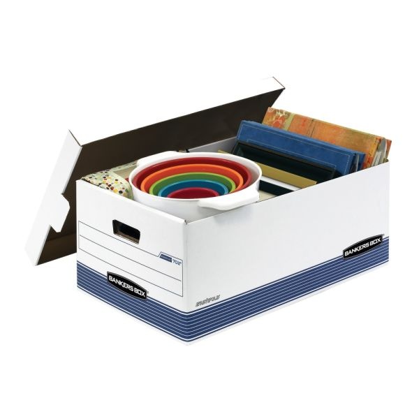 Bankers Box Stor/File Fastfold Medium-Duty Storage Boxes With Locking Lift-Off Lids And Built-In Handles, Legal Size, 24“D X 15" X 10", White/Blue, 60% Recycled, Case Of 12