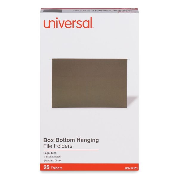 Universal Box Bottom Hanging File Folders, 1" Capacity, Legal Size, 1/5-Cut Tabs, Standard Green, 25/Box