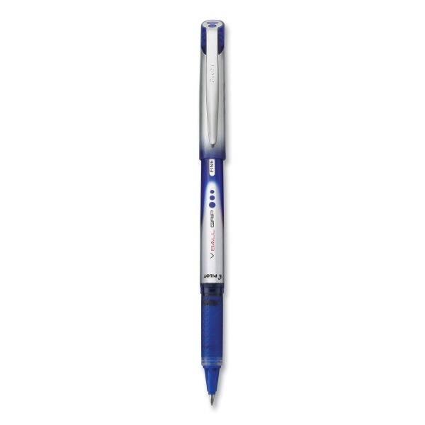 Pilot Vball Grip Liquid Ink Roller Ball Pen, Stick, Fine 0.7 Mm, Blue Ink, Blue/Silver Barrel, Dozen