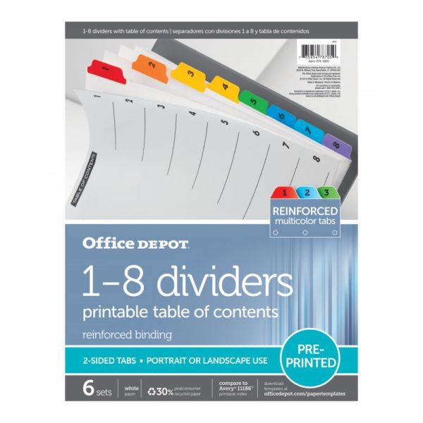 Table Of Contents Customizable Index With Preprinted Tabs, Multicolor, Numbered 1-8, Pack Of 6 Sets