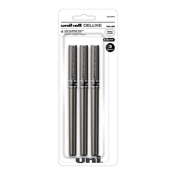 Uniball Deluxe Rollerball Pens, Micro Point, 0.5 Mm, Graphite Barrel, Black Ink, Pack Of 3