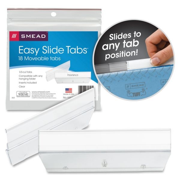 Smead Easy Slide Hanging Folder Tab, 1/3-Cut, White/Clear, 3.5" Wide, 18/Pack