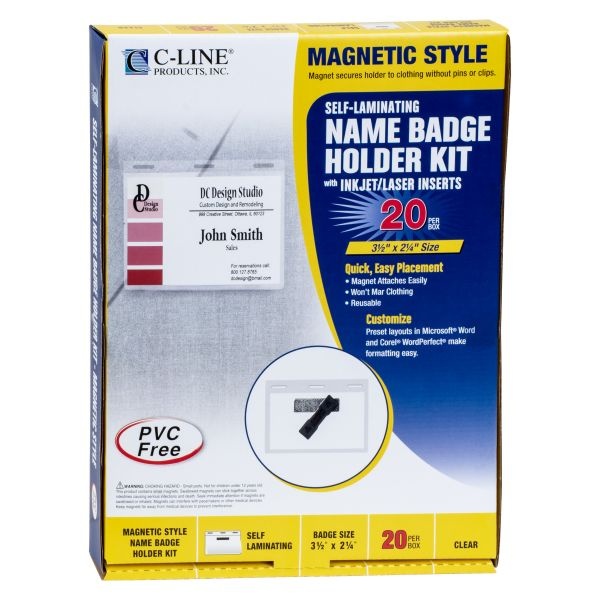 C-Line Self-Laminating Magnetic Style Name Badge Holder Kit, 2" X 3", Clear, 20/Box