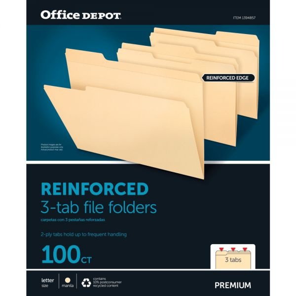 Reinforced File Folders, 1/3-Cut Tabs, Letter Size, Manila, Box Of 100
