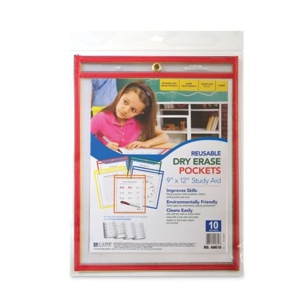 C-Line Reusable Dry Erase Pockets, 9 X 12, Assorted Primary Colors, 10/Pack