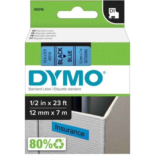 Dymo D1 High-Performance Polyester Removable Label Tape, 0.5" X 23 Ft, Black On Blue