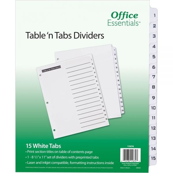 Office Essentials Table 'N Tabs Dividers, 15-Tab, 1 To 15, 11 X 8.5, White, 1 Set