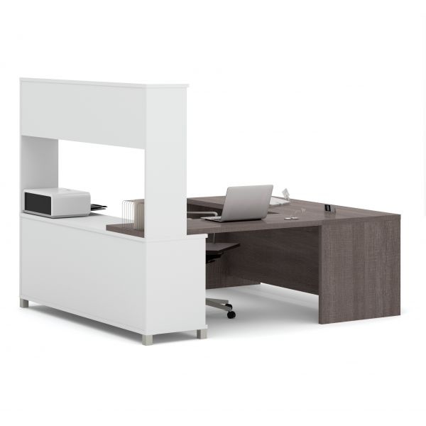 Bestar Pro-Linea U-Desk With Hutch In White & Bark Gray