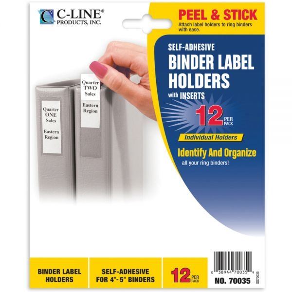 C-Line Self-Adhesive Ring Binder Label Holders, Top Load, 2.75 X 3.63, Clear, 12/Pack